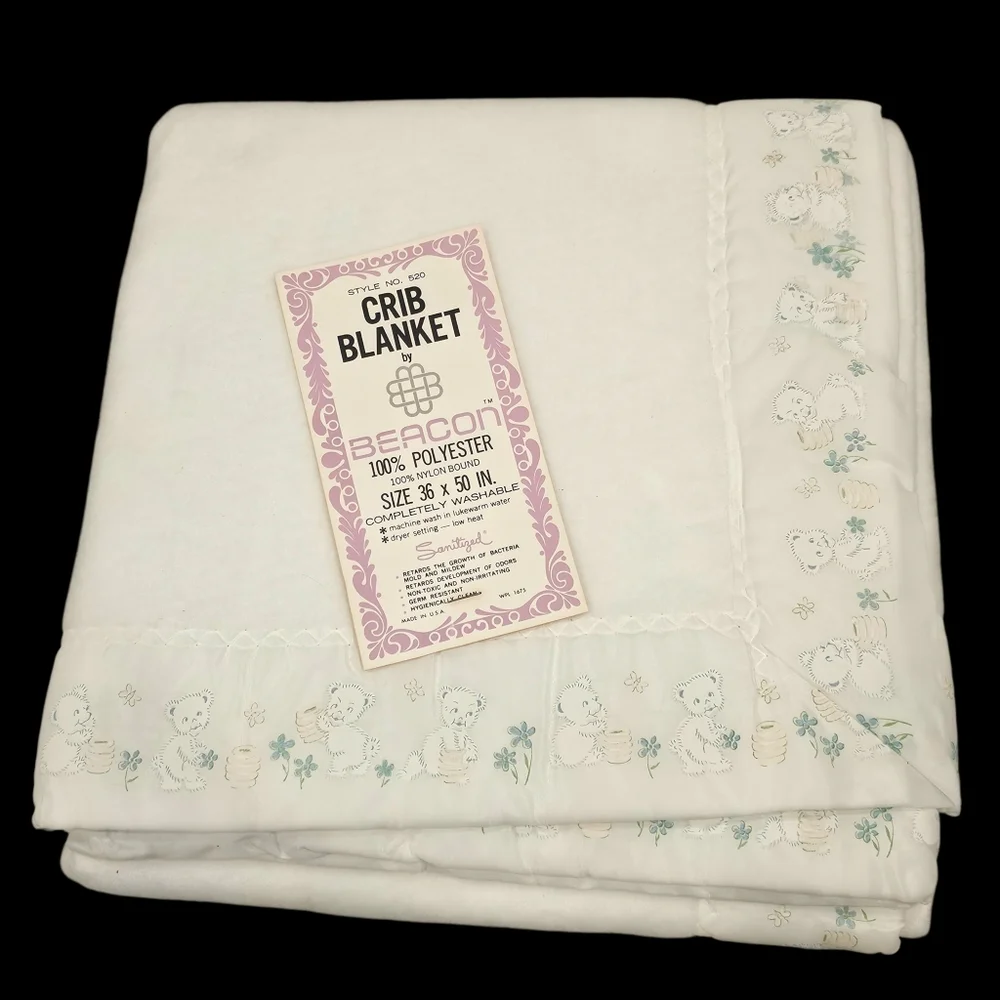 VTG Beacon Baby Blanket‎ Teddy Bears White Nylon Trim Fleece 36x50